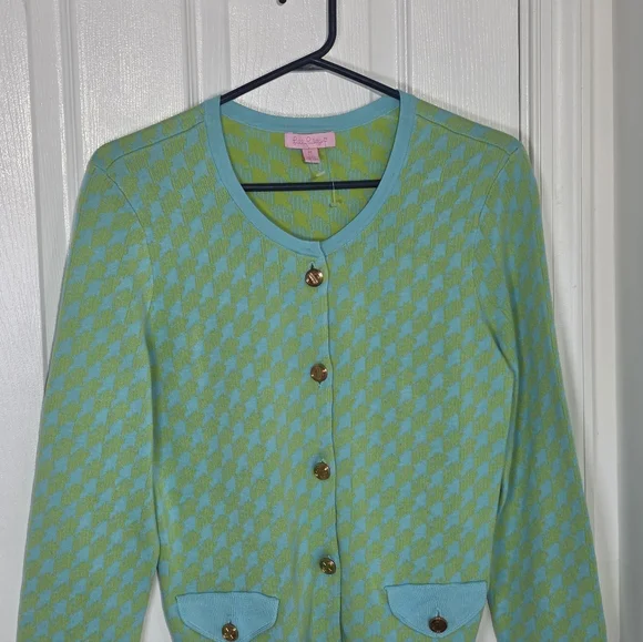 Lilly Pulitzer cotton knit gold logo button up cardigan Lime & Aqua pockets Med - Picture 3 of 7